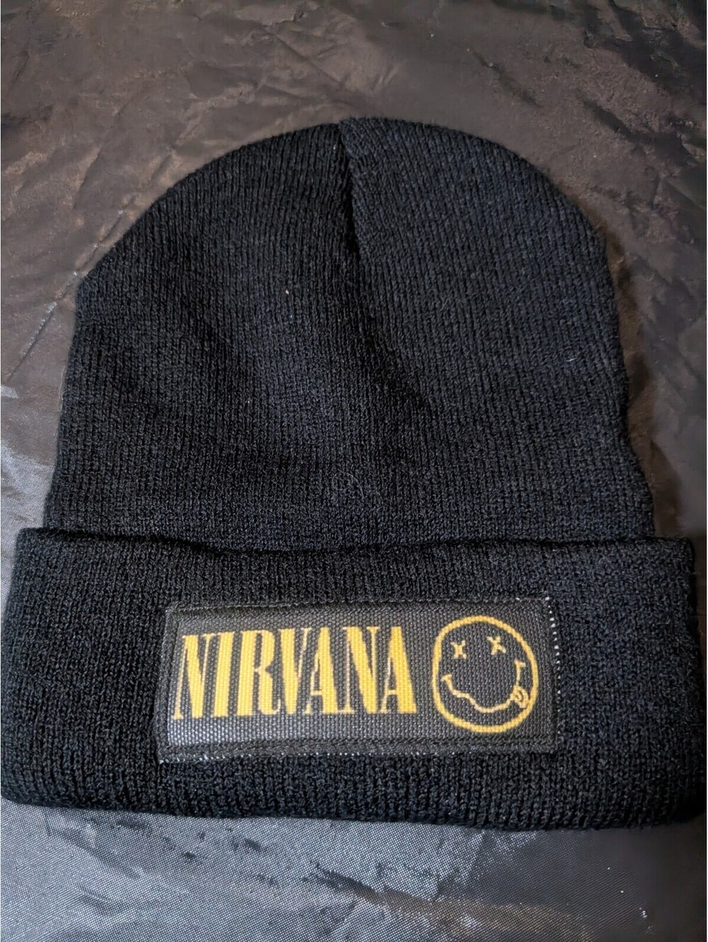 Nirvana Gray Beanie Hat Yellow Text Smiley Grunge Rock Band Merch Knit Cap